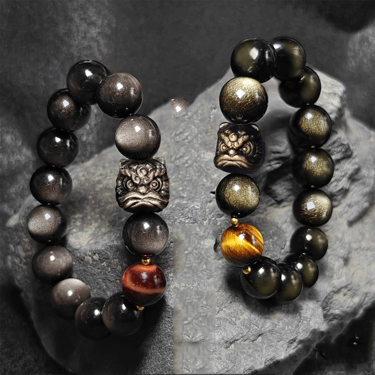 Natural Obsidian Lion Dance Bracelet for Men and Women, Couple's Style, Gold Sheen and Silver Sheen Obsidian Beads
