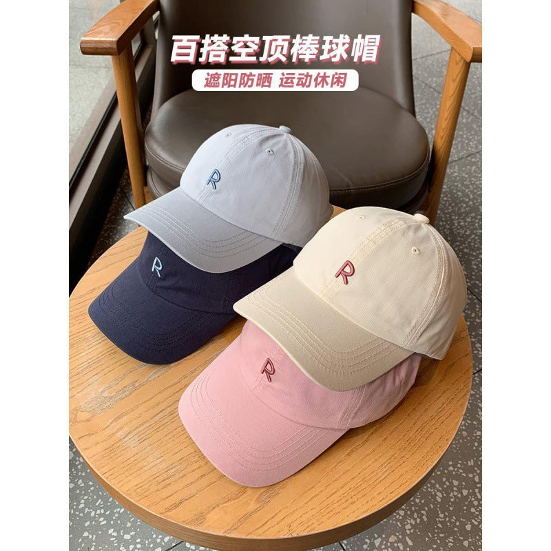 Women's Ponytail Baseball Cap Outdoor Sports R-Logo Empty Top Hat Summer Thin Breathable Soft Top Duckbill Cap
