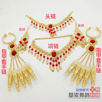 Ethnic Indian Belly Dance Jewelry Set with Headpiece, Necklace, Bracelet, Earrings, and Finger Nails