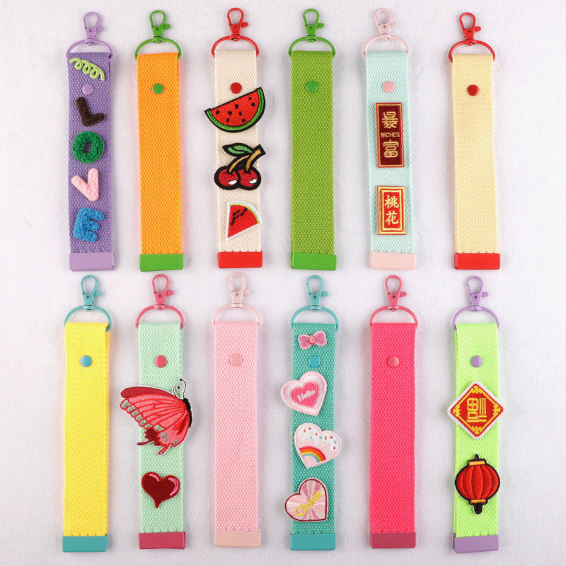 Macaron Color Ribbon Keychain Bag Charm with DIY Iron-on Patch Option