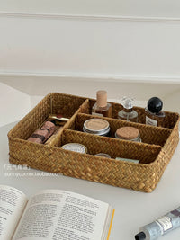 Handwoven Straw Divided Storage Basket for Desk and Tabletop Organization