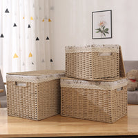 Large Imitation Rattan Storage Basket with Lid for Sundries Clothes Toys Underwear Organizer