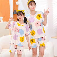 Kids' Cotton Short Sleeve Pajama Set, Thin Summer Cartoon Print Mother-Daughter Matching Homewear