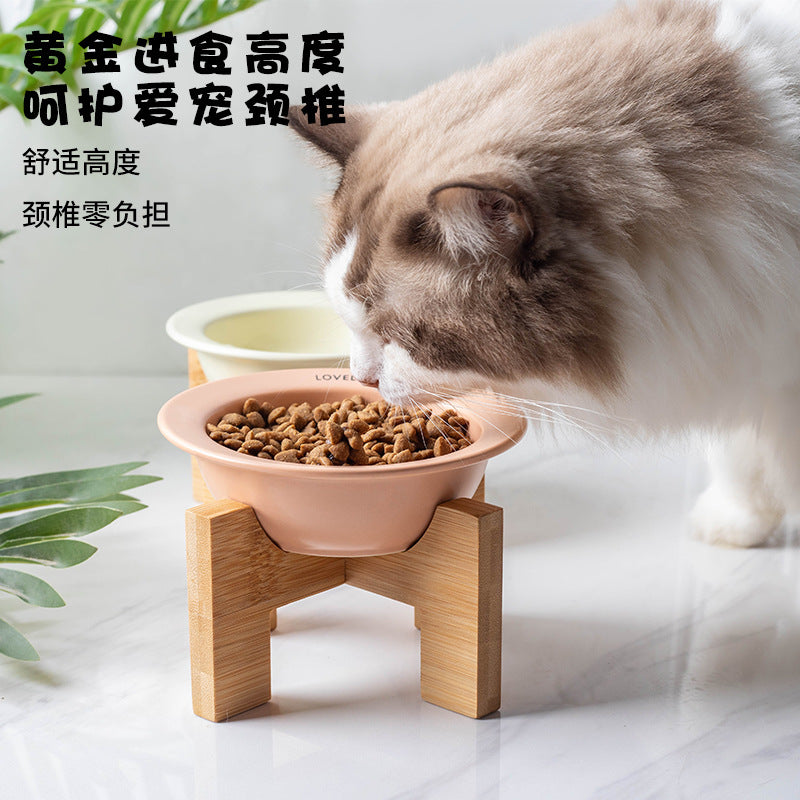 Ceramic Pet Bowl with Wooden Stand for Cats and Small Dogs, Elevated Tilted Food Water Dish for Neck Protection