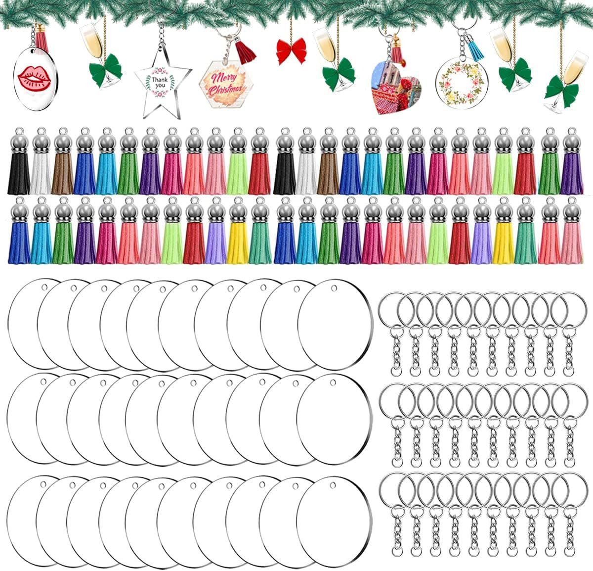 Acrylic Tassel Keychain Blanks Set for DIY Crafts - Clear Round, Star, Hexagon, Heart Shapes