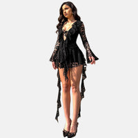 Women's Lace Bodysuit with Flared Sleeves and Deep V-Neck Mini Skirt Set