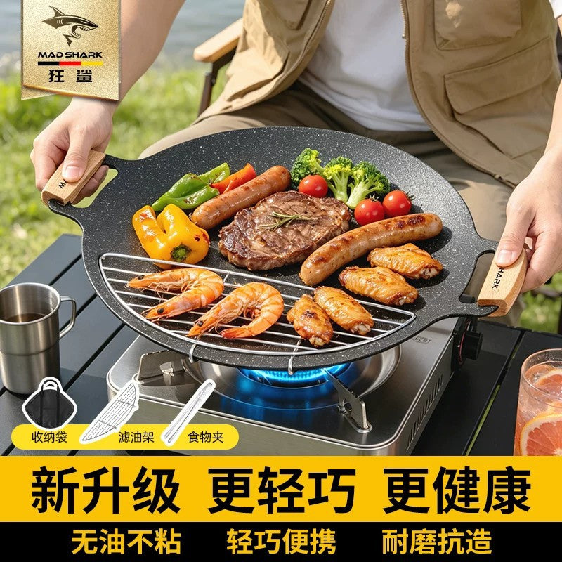 Shark Iron Teppanyaki Grill Pan for Home and Outdoor Camping, Korean Style Maifan Stone Non-stick BBQ Plate for Open Flame Cooking