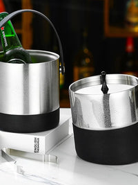 Stainless Steel Double-Layer Insulated Ice Bucket with Handle for Bar KTV Champagne