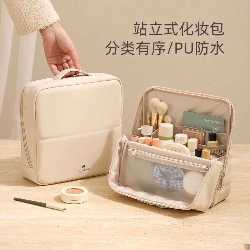 Portable Standing Makeup Bag with Brush Holder, Large Capacity Waterproof Cosmetic Organizer for Travel