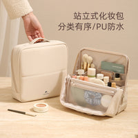 Portable Standing Makeup Bag with Brush Holder, Large Capacity Waterproof Cosmetic Organizer for Travel