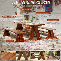 Outdoor Patio Solid Wood Dining Table and Chairs Set, Carbonized Anti-Corrosion Garden Villa Furniture