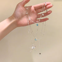 Summer Beach Vibe Blue Zircon Starfish Layered Necklace for Women