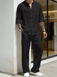 Men's Vintage Stand Collar Linen Long Sleeve Shirt & Pants Set