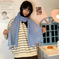Floral Tassel Hollow Knit Scarf for Women, Thin Korean Style Solid Color Warm Neck Wrap