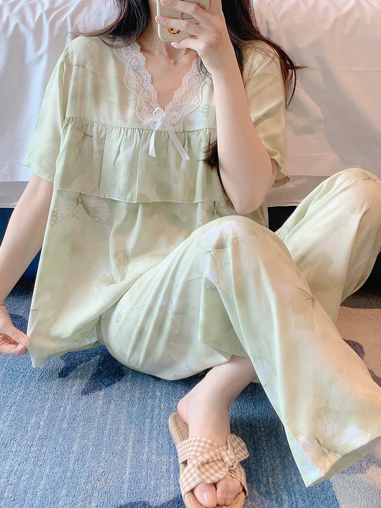 Women's Cotton Rayon Ruffle Pajama Set Short Sleeve Top and Shorts for Summer