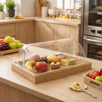 Bamboo Serving Tray with Clear Double-Flip Lid and Divider for Cake and Food Display