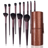 12-Piece Coffee Brown Makeup Brush Set with Portable Holder