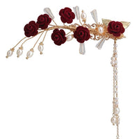 Red Rose Hairpin Tassel Side Clip for Cheongsam Hanfu Daily Wear