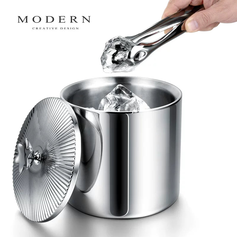 MODERN Double-Layer Insulated Ice Bucket with Lid and Tongs, Stainless Steel Champagne Wine Chiller