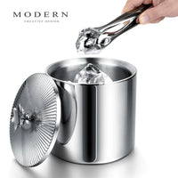 MODERN Double-Layer Insulated Ice Bucket with Lid and Tongs, Stainless Steel Champagne Wine Chiller
