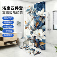 Japanese Plum Blossom Shower Curtain Set with Non-Slip Bath Mat & Toilet Lid Cover
