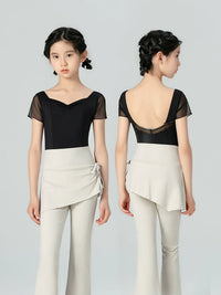 Girls' V-Neck Short Sleeve Ballet Leotard with Skirt for Dance Practice