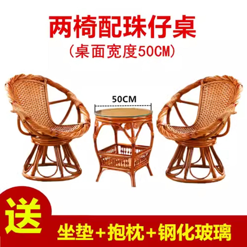 Rattan Woven Chair and Coffee Table Set, 3-Piece Balcony Single Natural Rattan Chair with Backrest, Real Rattan Swivel Chair