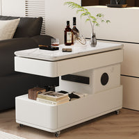 Movable Liftable Slate Sofa Side Table with Wheels, Power Strip, Cream Style End Table for Living Room