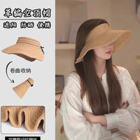 Japanese Style Straw Wide Brim Sun Visor for Women, Rollable Beach Vacation Sun Hat