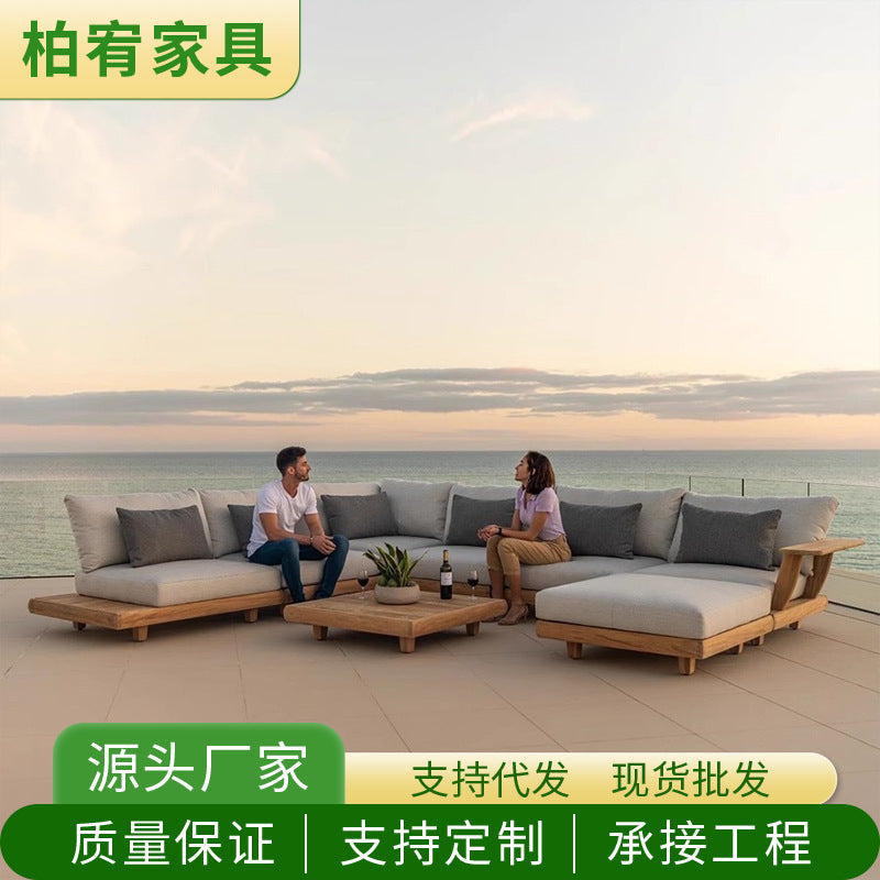 Outdoor Teak Sofa Villa Courtyard Garden Balcony Nordic Solid Wood Rattan Leisure Sofa Coffee Table Set
