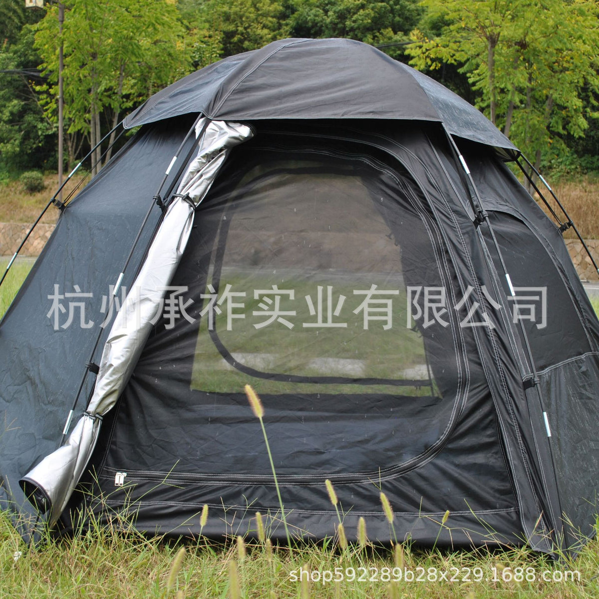 Double-Layer Hexagonal 6-Person Camping Tent with Silver Coating for Rain and Sun Protection