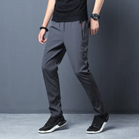 Men's Ice Silk Casual Straight-Leg Pants with Zipper, Thin Summer Breathable Elastic Trousers