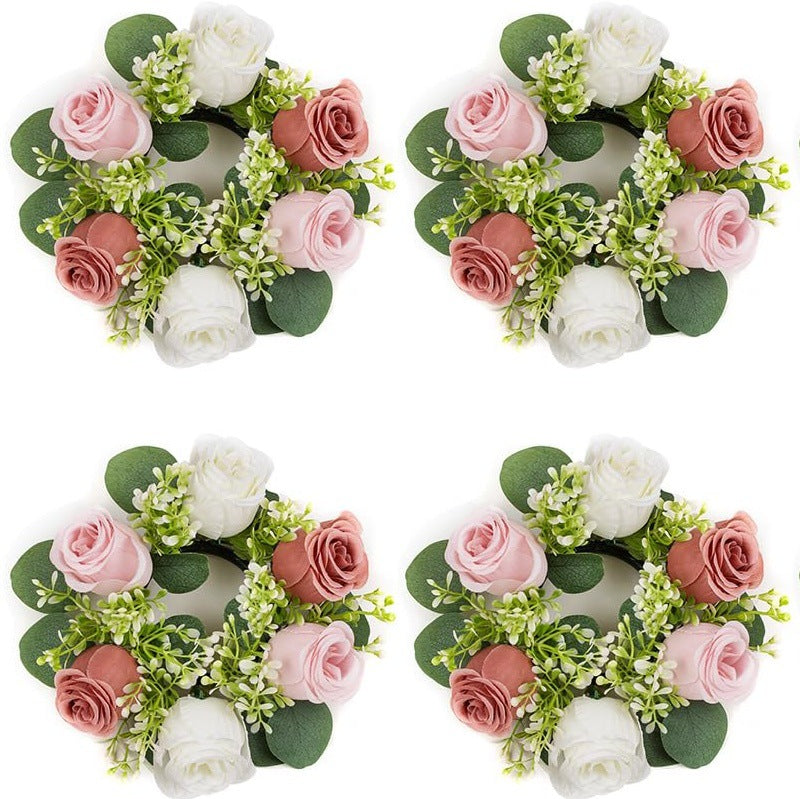 Rose Eucalyptus Leaf Candle Holder Ring Wreath Handmade Floral Garland for Tabletop Decoration
