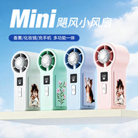 Portable Handheld Mini Fan with Makeup Mirror, Power Bank, and 100-Speed Turbo Airflow