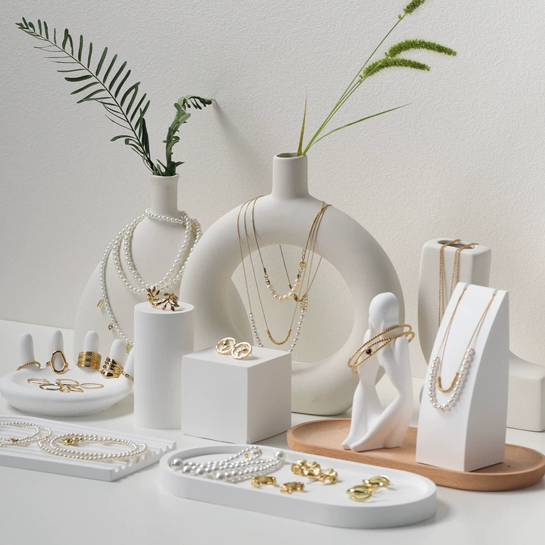 Geometric Plaster Jewelry Display Stand for Rings, Earrings, Necklaces, and Photography Props