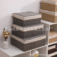 Woven Storage Basket with Lid, Rattan Fabric Desktop Organizer for Sundries and Remote Controls