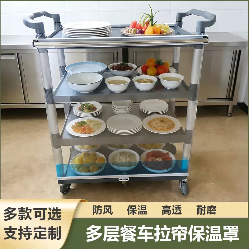 Multi-Layer Plastic Dining Cart with Wheels and Dust Cover for Kitchen Restaurant