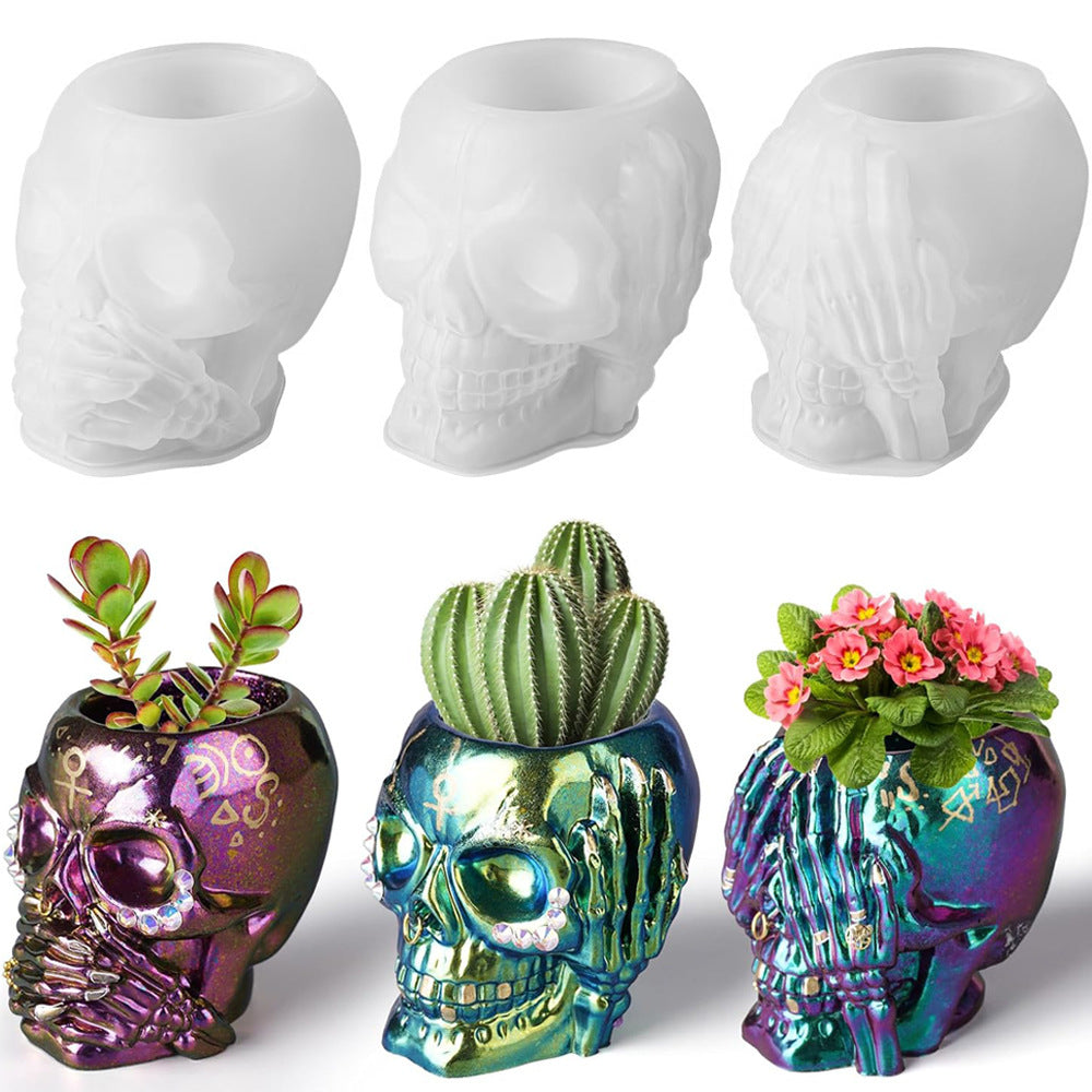 Halloween Skull Planter Silicone Mold for DIY Pen Holder Storage Box Resin Crafts