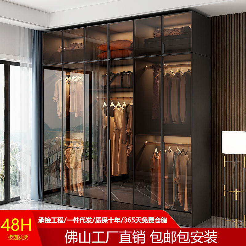 Luxury Solid Wood Glass Door Wardrobe L-shaped Modern Corner Cloakroom Storage Cabinet Combination for Bedroom Home