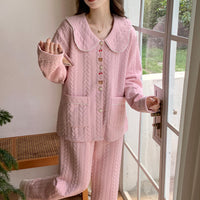 Women's Cotton Quilted Pajama Set, Long Sleeve, Long Pants, Doll Collar, Sweet Homewear