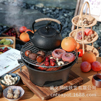 Cast Iron Charcoal Grill Stove for BBQ, Heating, Tea Ceremony, Indoor Use - Complete Set with Iron Kettle and Clay Stove