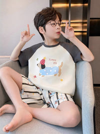 Boys' Summer Cotton Pajama Set Short Sleeve & Shorts Cute Cartoon Print Homewear for Kids