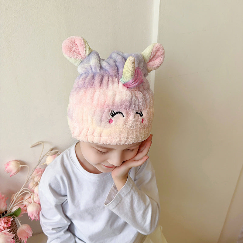 Coral Fleece Unicorn Hair Drying Cap for Adults and Children, Super Absorbent Cartoon Bath Towel