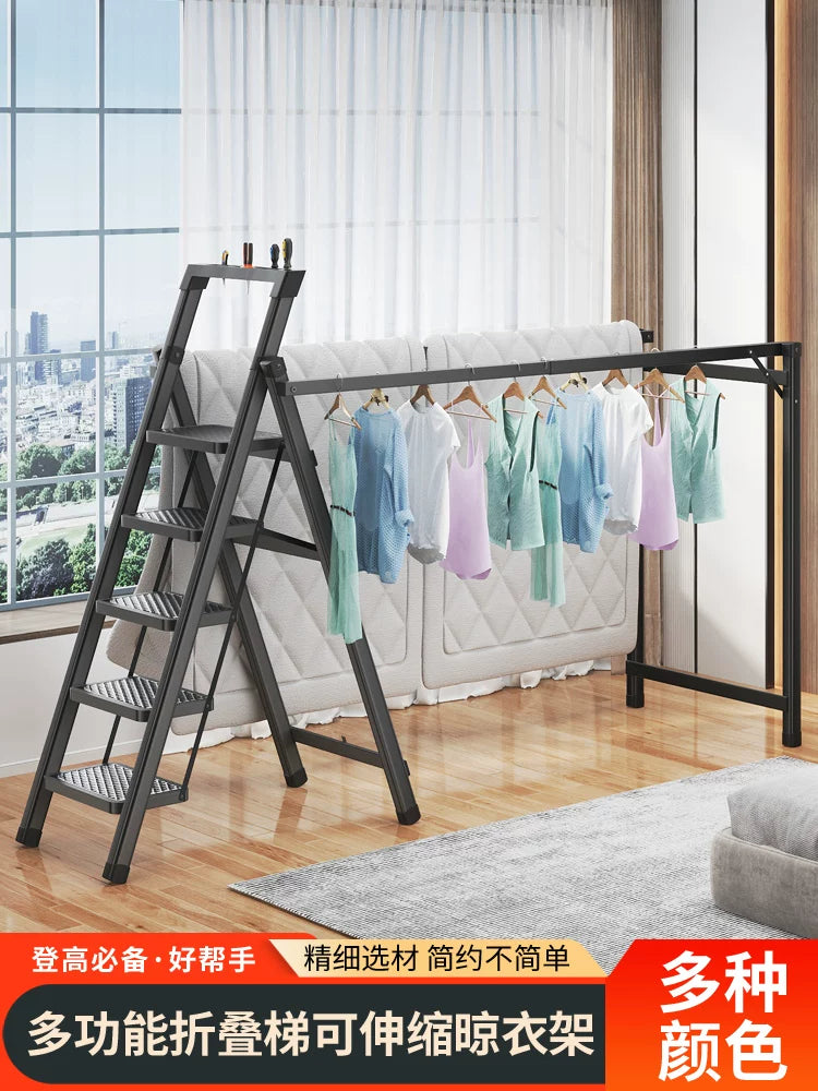 Foldable Telescopic Ladder with Drying Rack, Multi-functional Aluminum Alloy A-Frame Ladder for Home Indoor/Outdoor Use