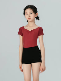 Girls' V-Neck Short Sleeve Ballet Leotard with Skirt for Dance Practice