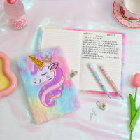 Kids Plush Unicorn Diary with Lock, Cartoon Notebook for Girls, Students, and Kindergarten Gifts