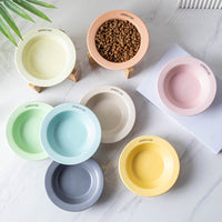 Ceramic Pet Bowl with Wooden Stand for Cats and Small Dogs, Elevated Tilted Food Water Dish for Neck Protection