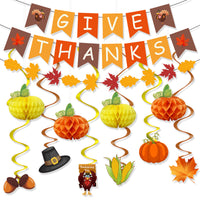 Thanksgiving Harvest Party Decor Set with Maple Leaf Banner, Pumpkin Honeycomb, and Swirls