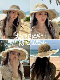 French Style Straw Sun Hat for Women and Kids - Wide Brim Beach Fisherman Hat with UV Protection
