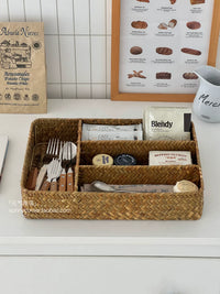 Handwoven Straw Divided Storage Basket for Desk and Tabletop Organization